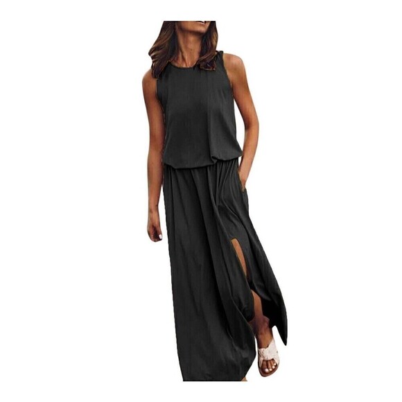 Black Sleeveless Maxi Dress Split Solid Color Casual Size Small Lightweight - Picture 1 of 12